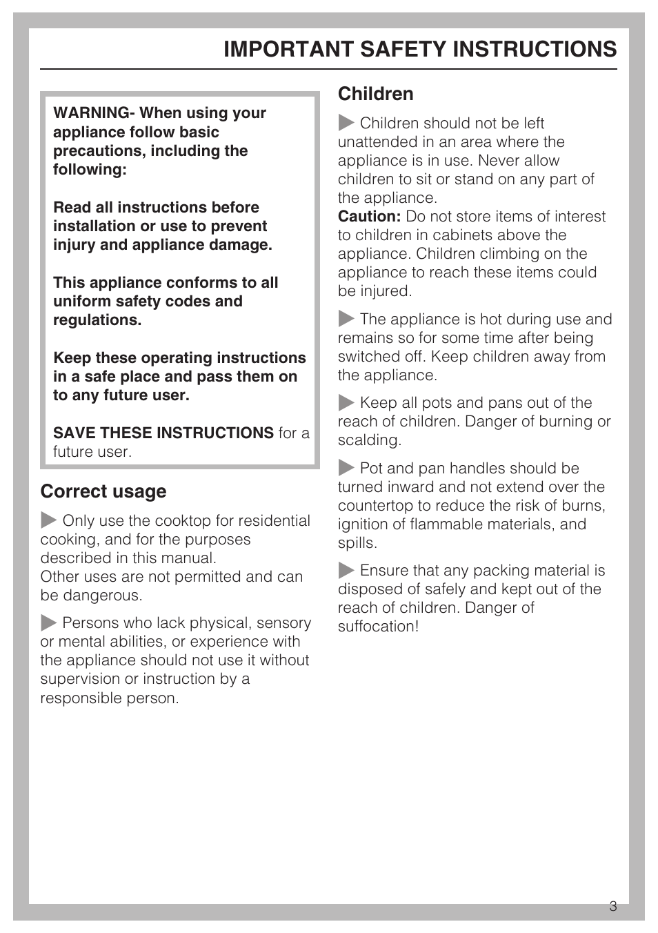 Important safety instructions 3, Important safety instructions | Miele KM 5624 User Manual | Page 3 / 36