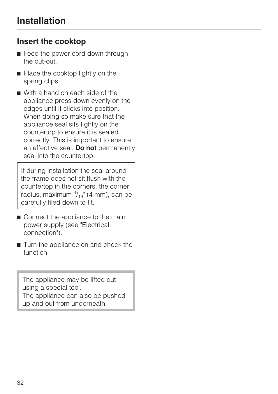 Installation, Insert the cooktop | Miele KM 5624 User Manual | Page 32 / 36