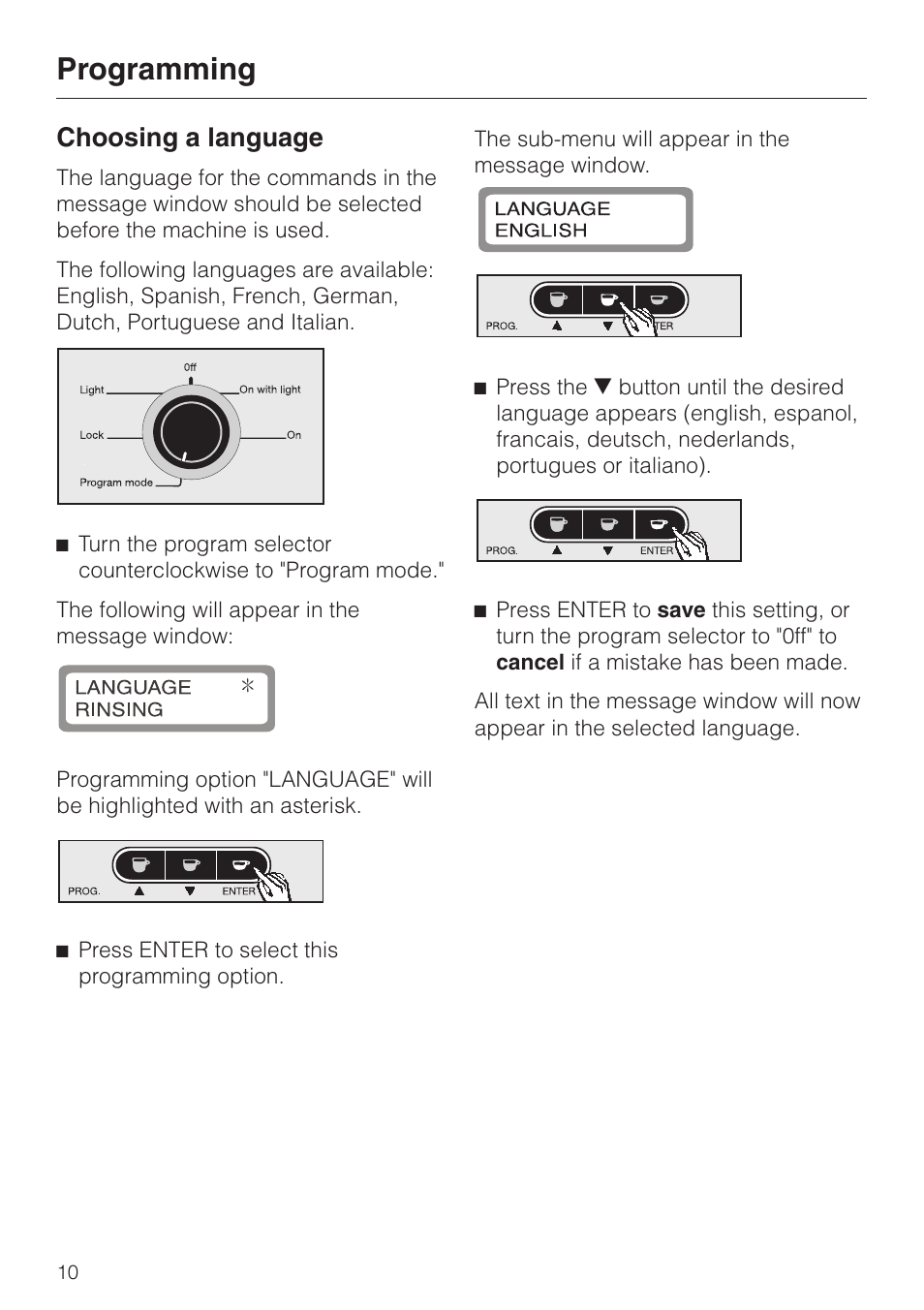 Choosing a language 10, Choosing a language, Programming | Miele CVA 615 User Manual | Page 10 / 60