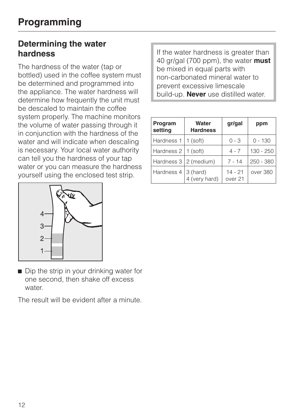 Determining the water hardness 12, Determining the water hardness, Programming | Miele CVA 615 User Manual | Page 12 / 60