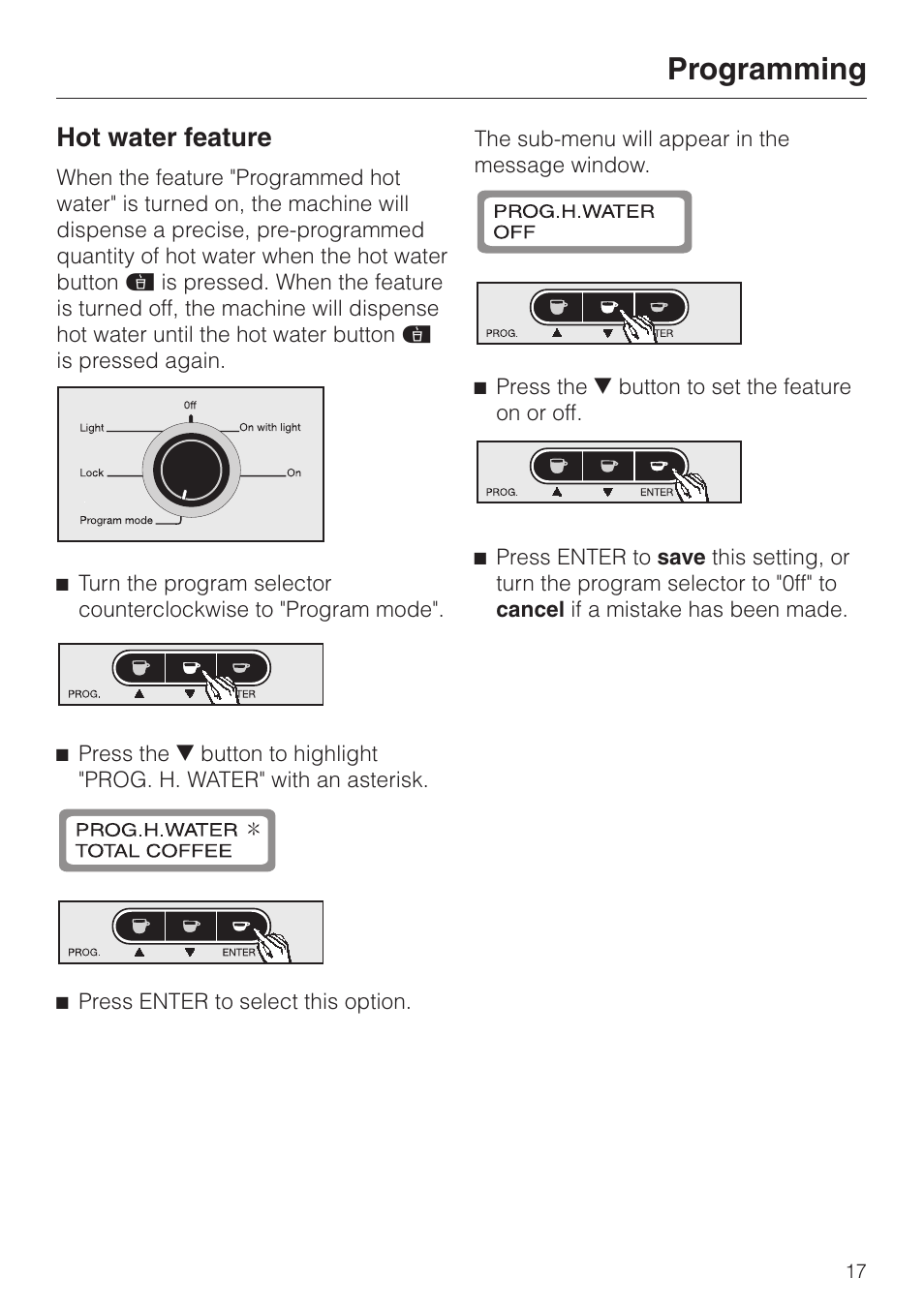 Hot water feature 17, Hot water feature, Programming | Miele CVA 615 User Manual | Page 17 / 60