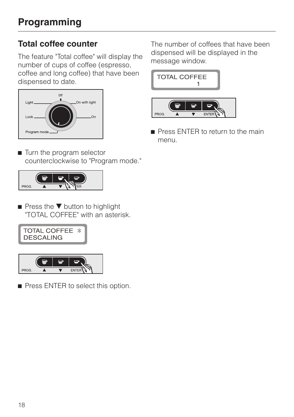 Total coffee counter 18, Total coffee counter, Programming | Miele CVA 615 User Manual | Page 18 / 60