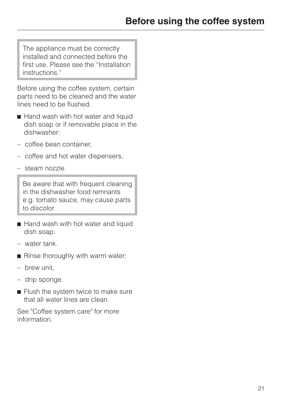 Before using the coffee system 21, Before using the coffee system | Miele CVA 615 User Manual | Page 21 / 60