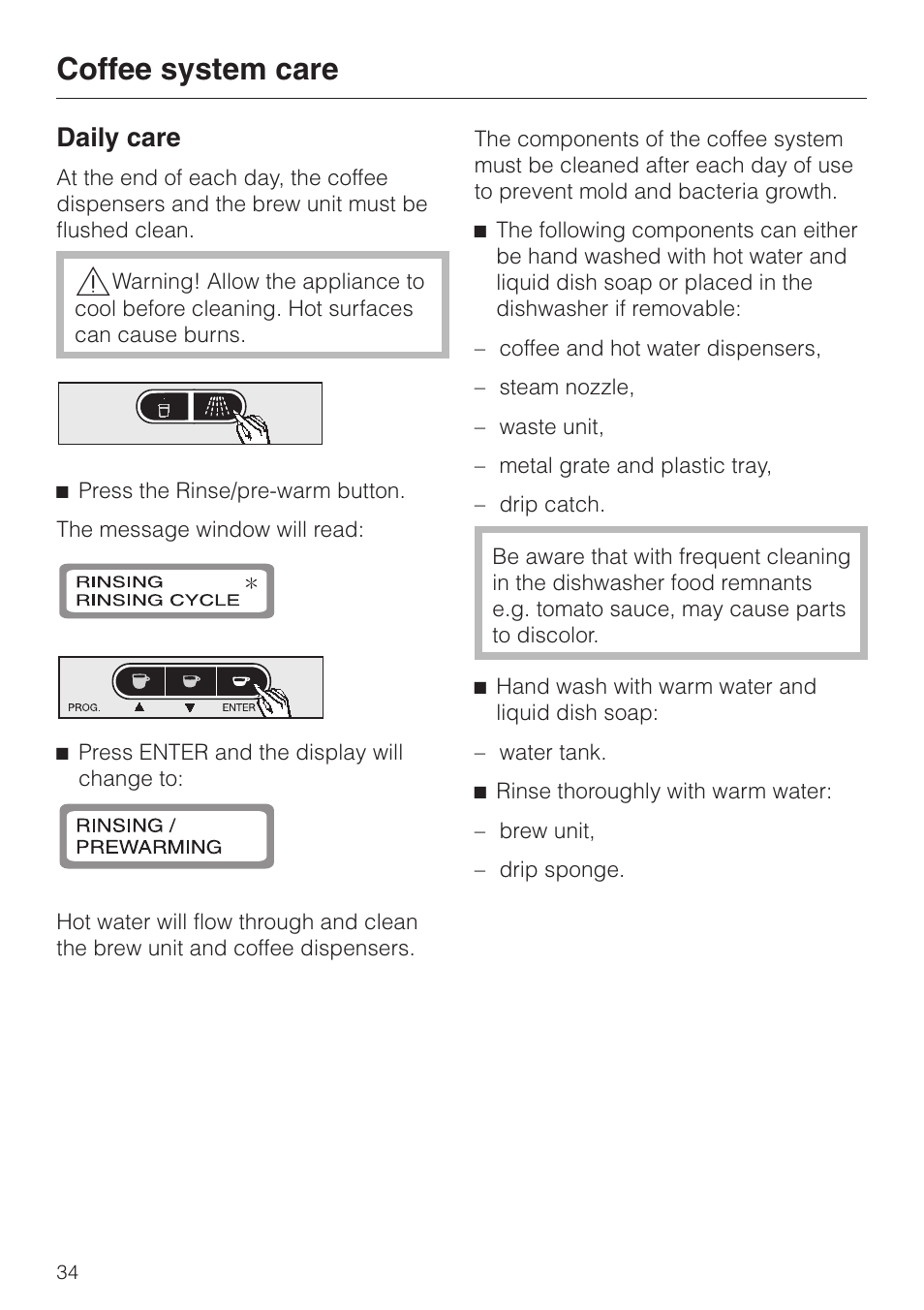 Coffee system care 34, Daily care 34, Daily care | Coffee system care | Miele CVA 615 User Manual | Page 34 / 60