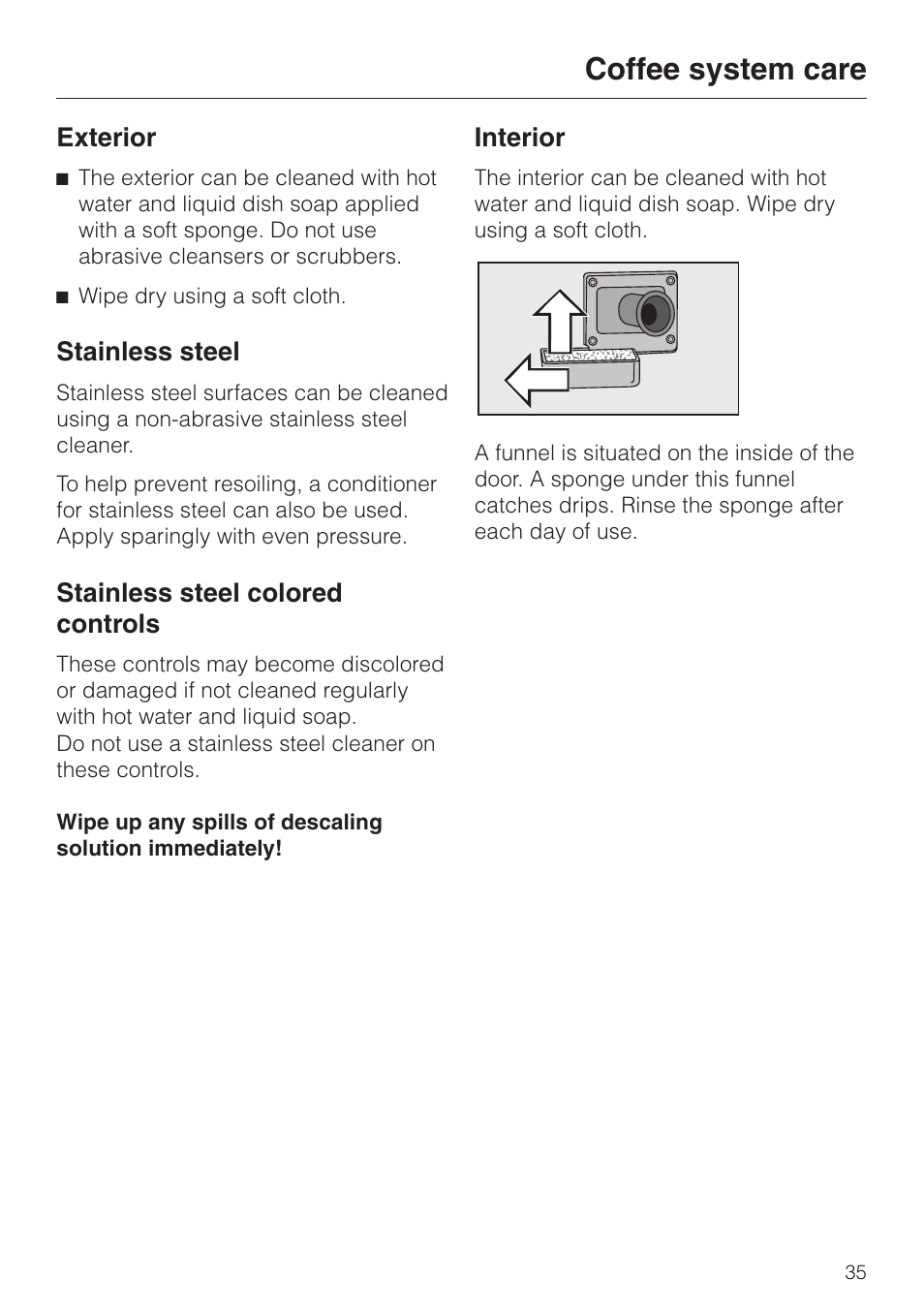 Exterior 35, Stainless steel 35, Stainless steel colored controls 35 | Interior 35, Coffee system care | Miele CVA 615 User Manual | Page 35 / 60