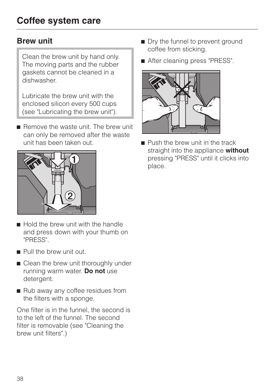 Brew unit 38, Brew unit, Coffee system care | Miele CVA 615 User Manual | Page 38 / 60