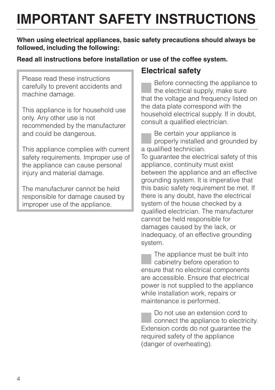 Important safety instructions 4, Important safety instructions | Miele CVA 615 User Manual | Page 4 / 60