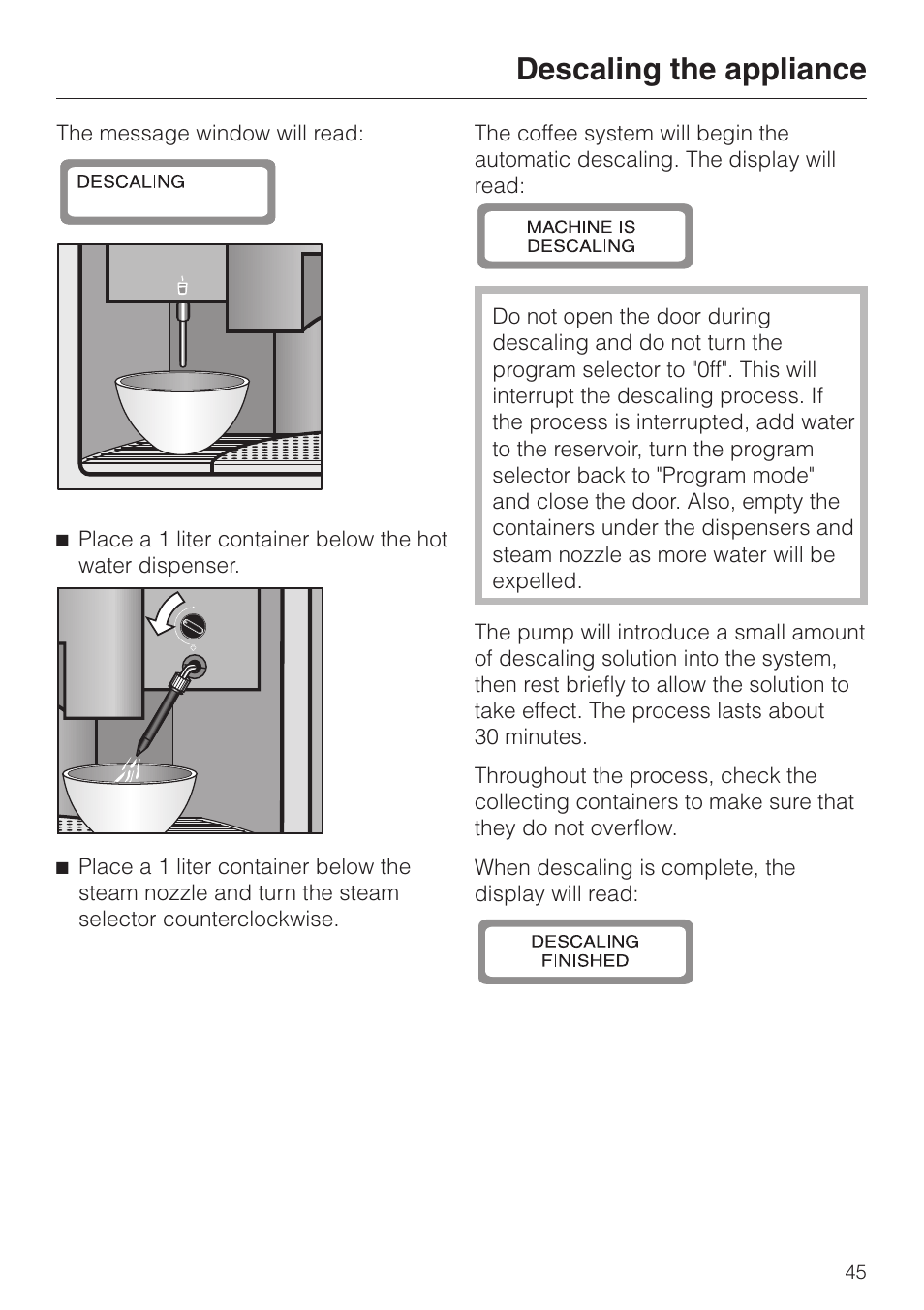 Descaling the appliance | Miele CVA 615 User Manual | Page 45 / 60