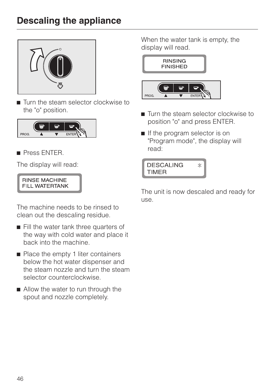 Descaling the appliance | Miele CVA 615 User Manual | Page 46 / 60