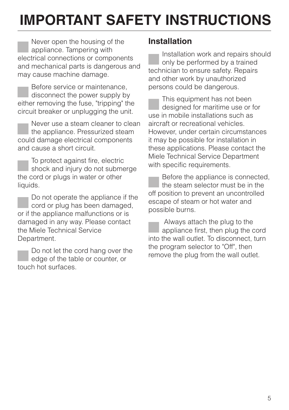 Important safety instructions, Installation | Miele CVA 615 User Manual | Page 5 / 60