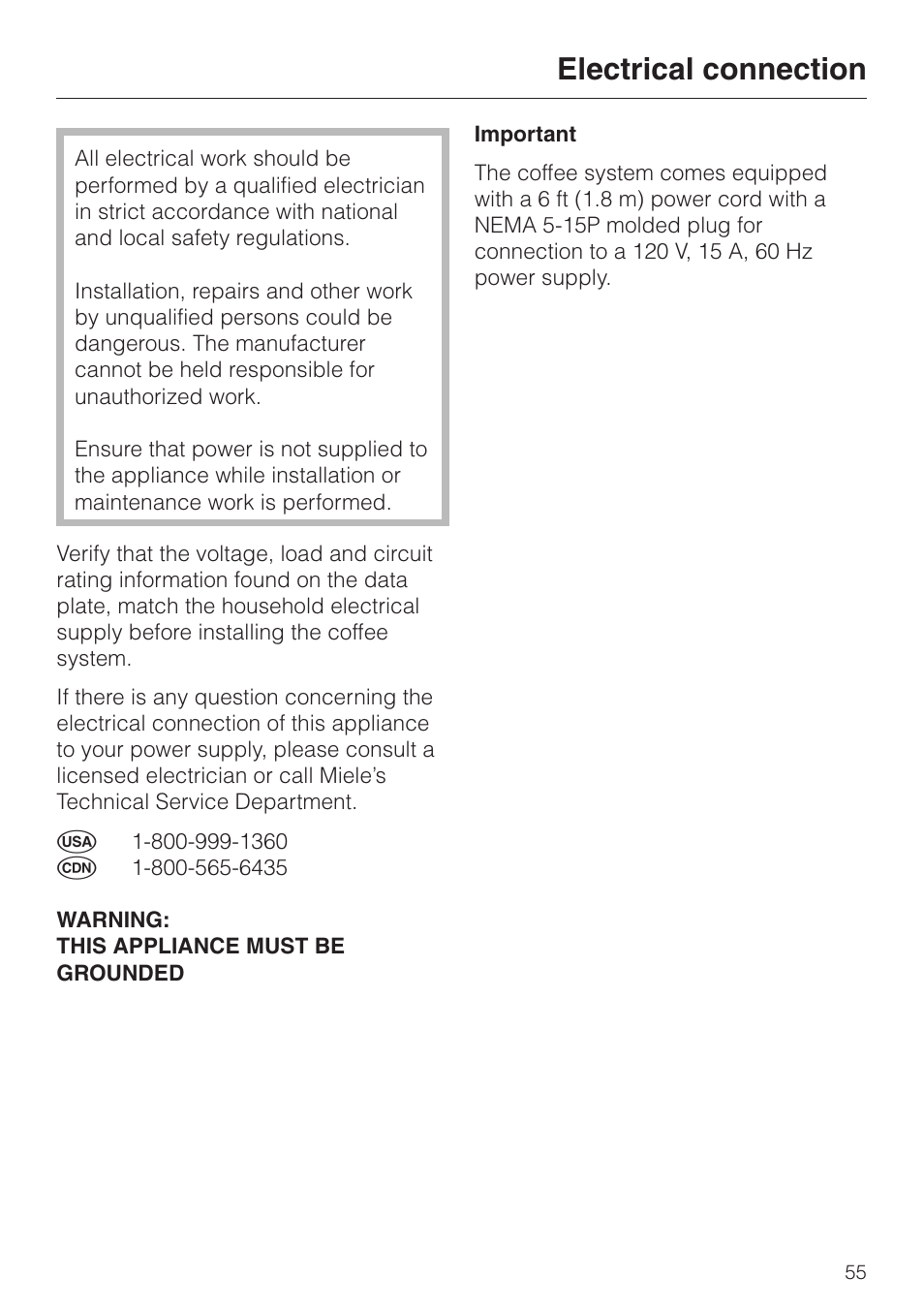 Electrical connection 55, Electrical connection | Miele CVA 615 User Manual | Page 55 / 60