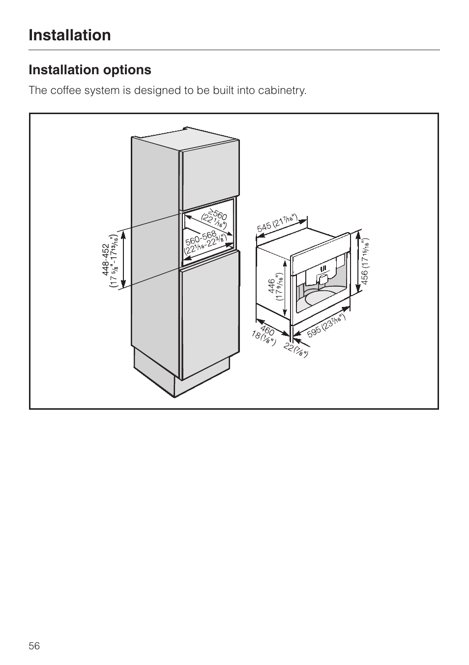 Installation 56, Installation options 56, Installation | Installation options | Miele CVA 615 User Manual | Page 56 / 60