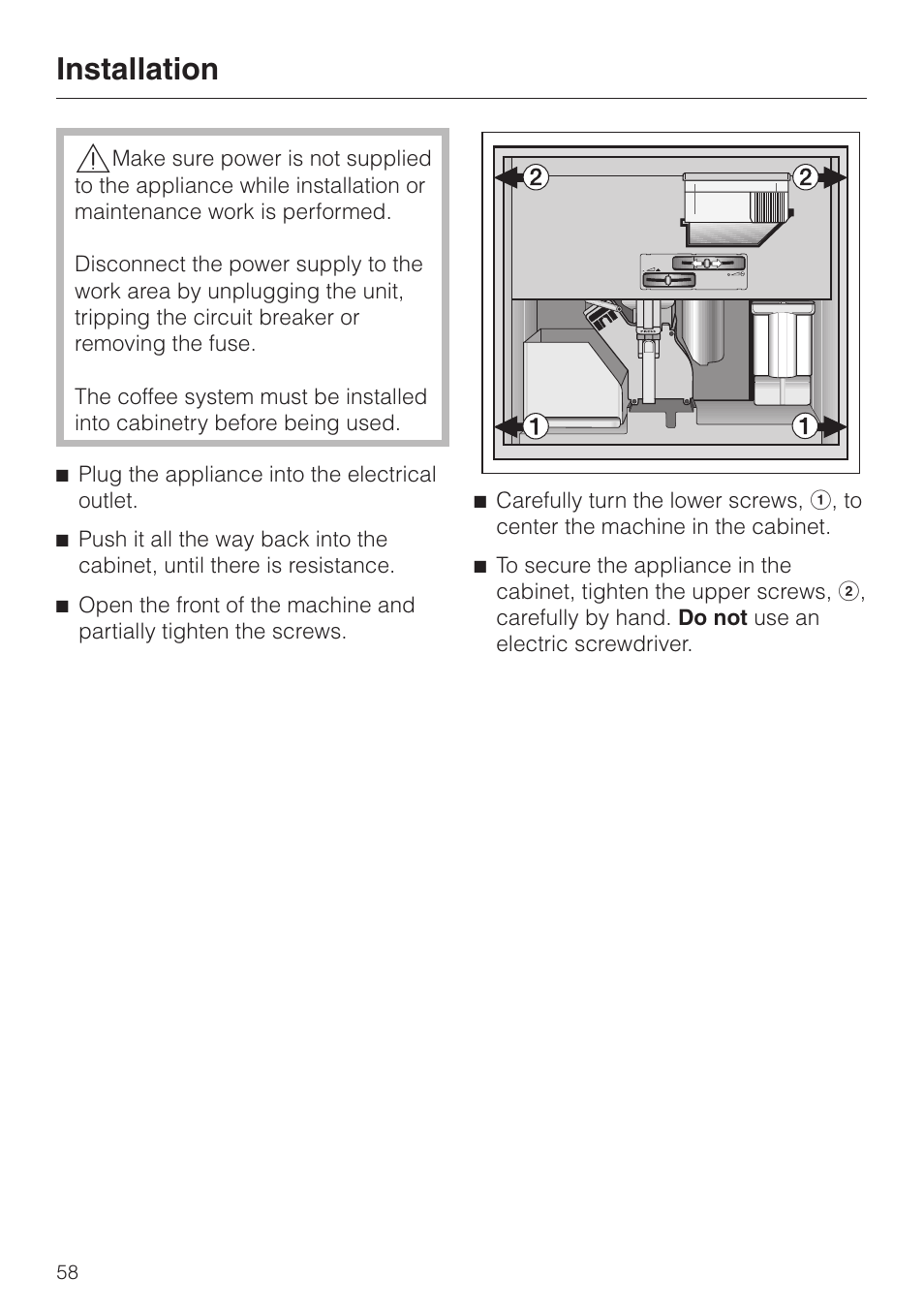 Installation | Miele CVA 615 User Manual | Page 58 / 60