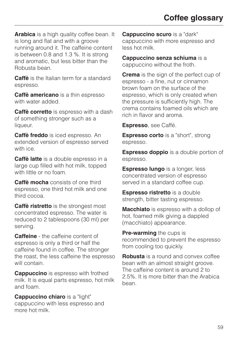 Coffee glossary 59, Coffee glossary | Miele CVA 615 User Manual | Page 59 / 60