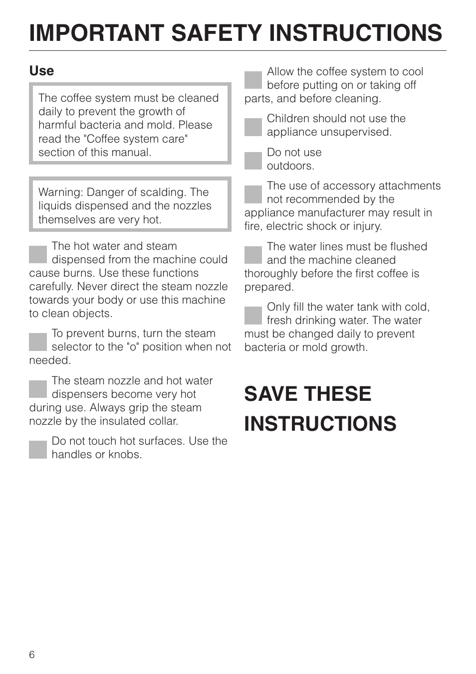 Important safety instructions, Save these instructions | Miele CVA 615 User Manual | Page 6 / 60