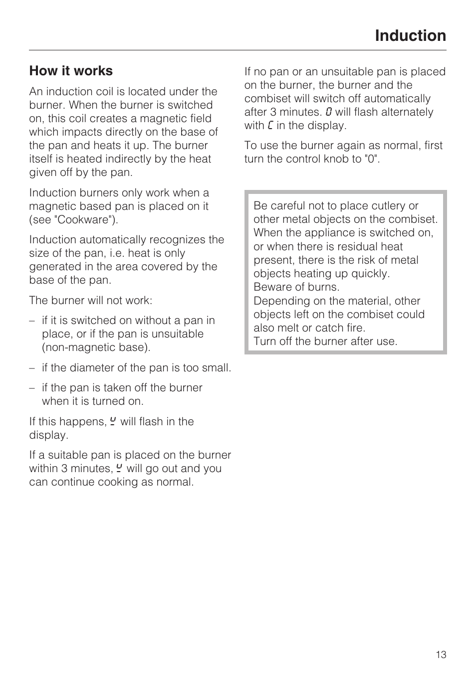Induction 13, How it works 13, Induction | How it works | Miele CS1212 User Manual | Page 13 / 48