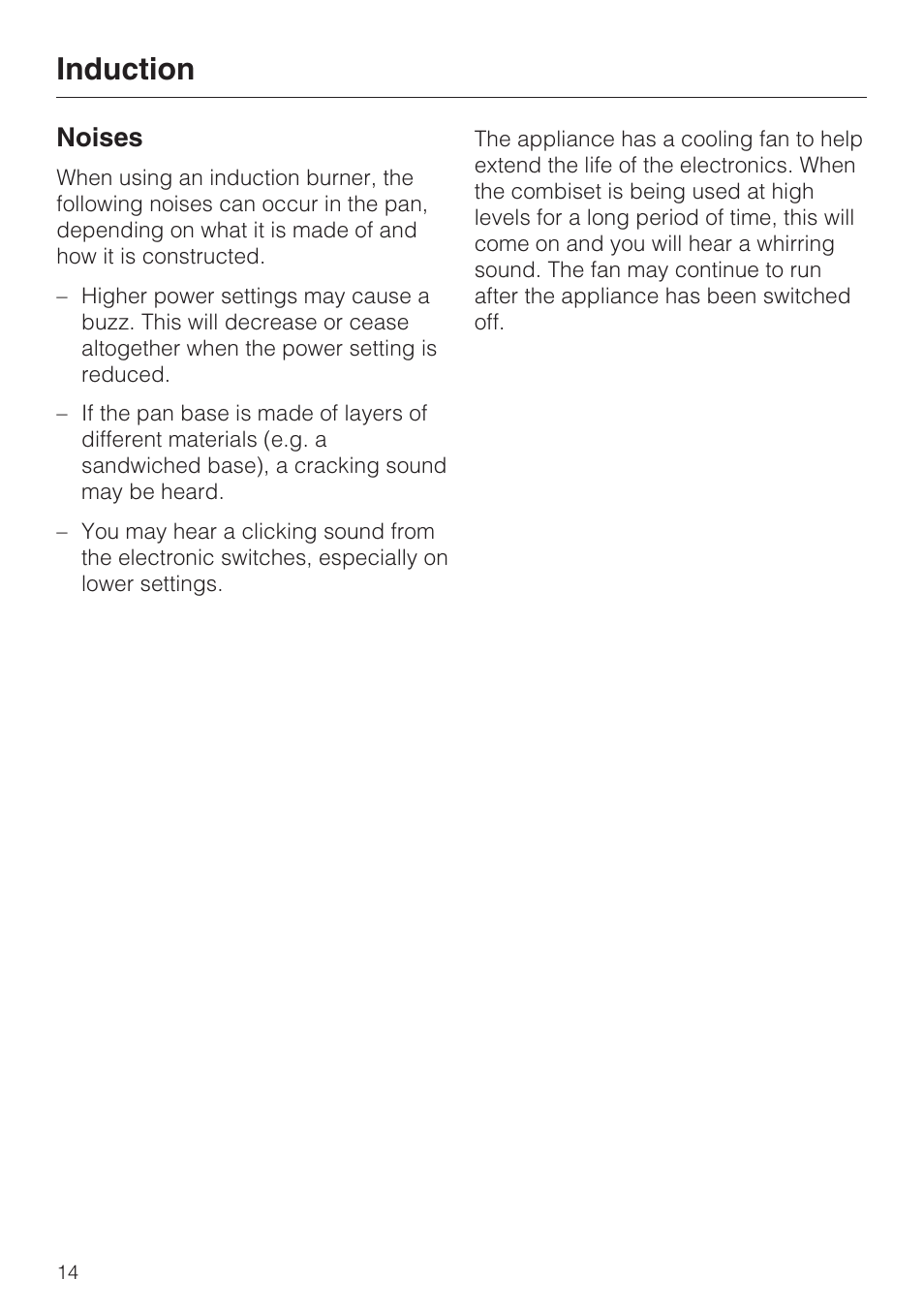 Noises 14, Induction, Noises | Miele CS1212 User Manual | Page 14 / 48