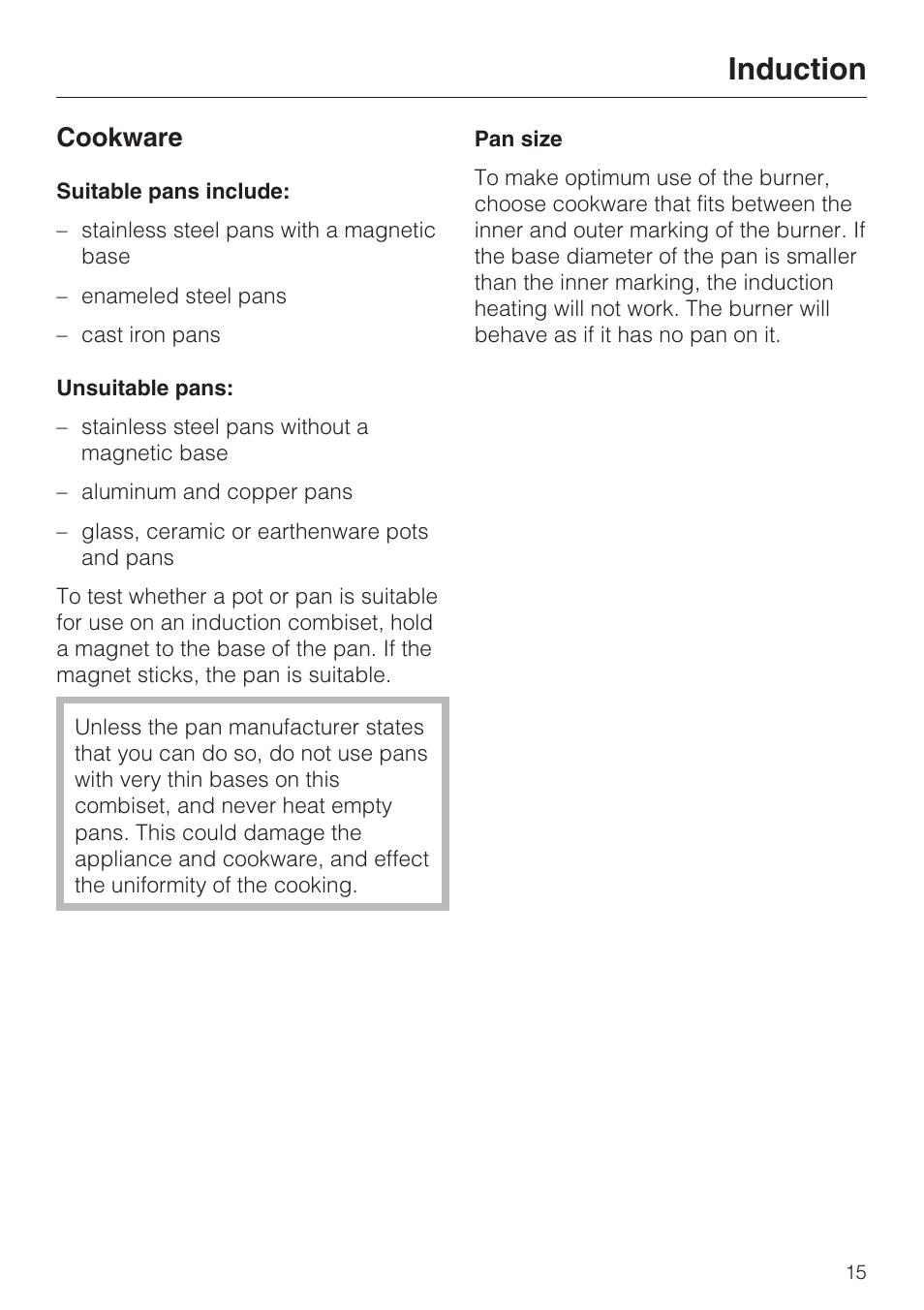 Cookware 15, Induction, Cookware | Miele CS1212 User Manual | Page 15 / 48