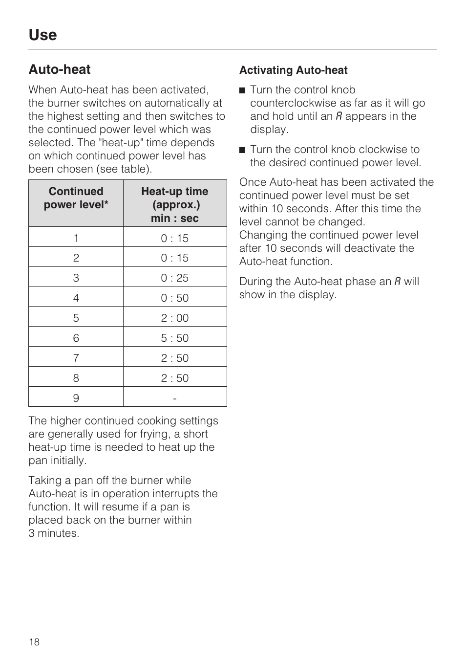 Auto-heat 18, Auto-heat | Miele CS1212 User Manual | Page 18 / 48