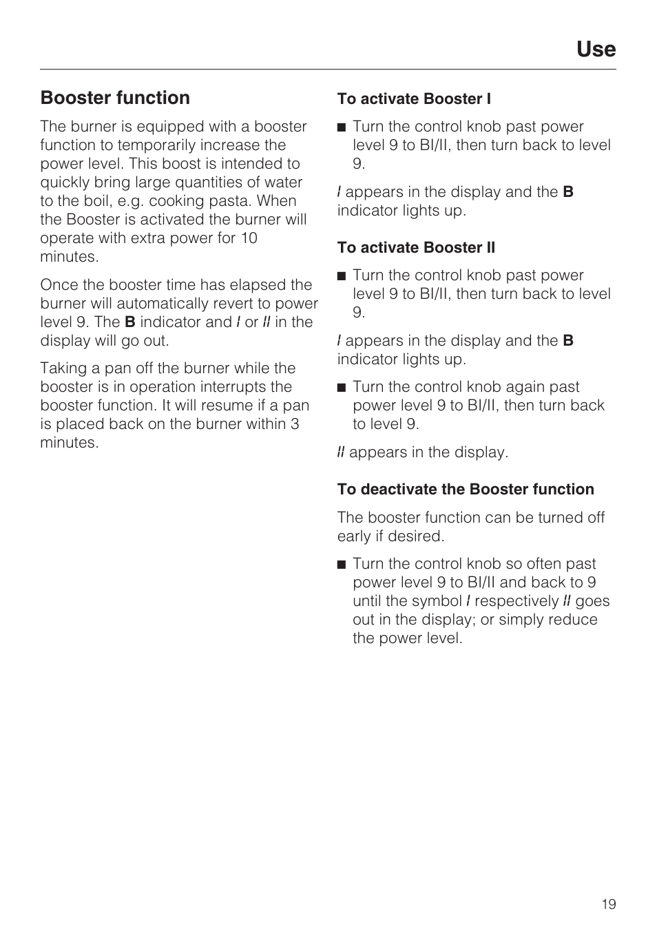Booster function 19, Booster function | Miele CS1212 User Manual | Page 19 / 48