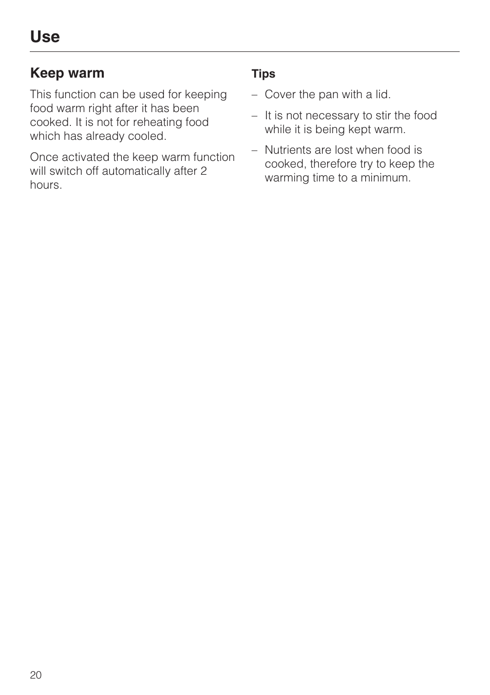 Keep warm 20, Keep warm | Miele CS1212 User Manual | Page 20 / 48