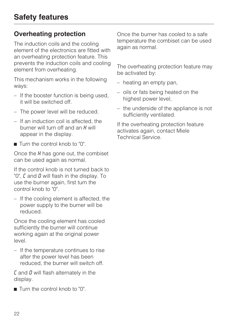 Overheating protection 22, Safety features, Overheating protection | Miele CS1212 User Manual | Page 22 / 48