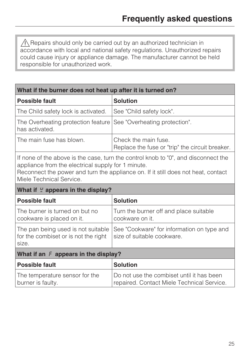 Frequently asked questions 25, Frequently asked questions | Miele CS1212 User Manual | Page 25 / 48