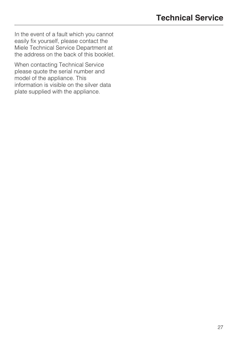 Technical service 27, Technical service | Miele CS1212 User Manual | Page 27 / 48