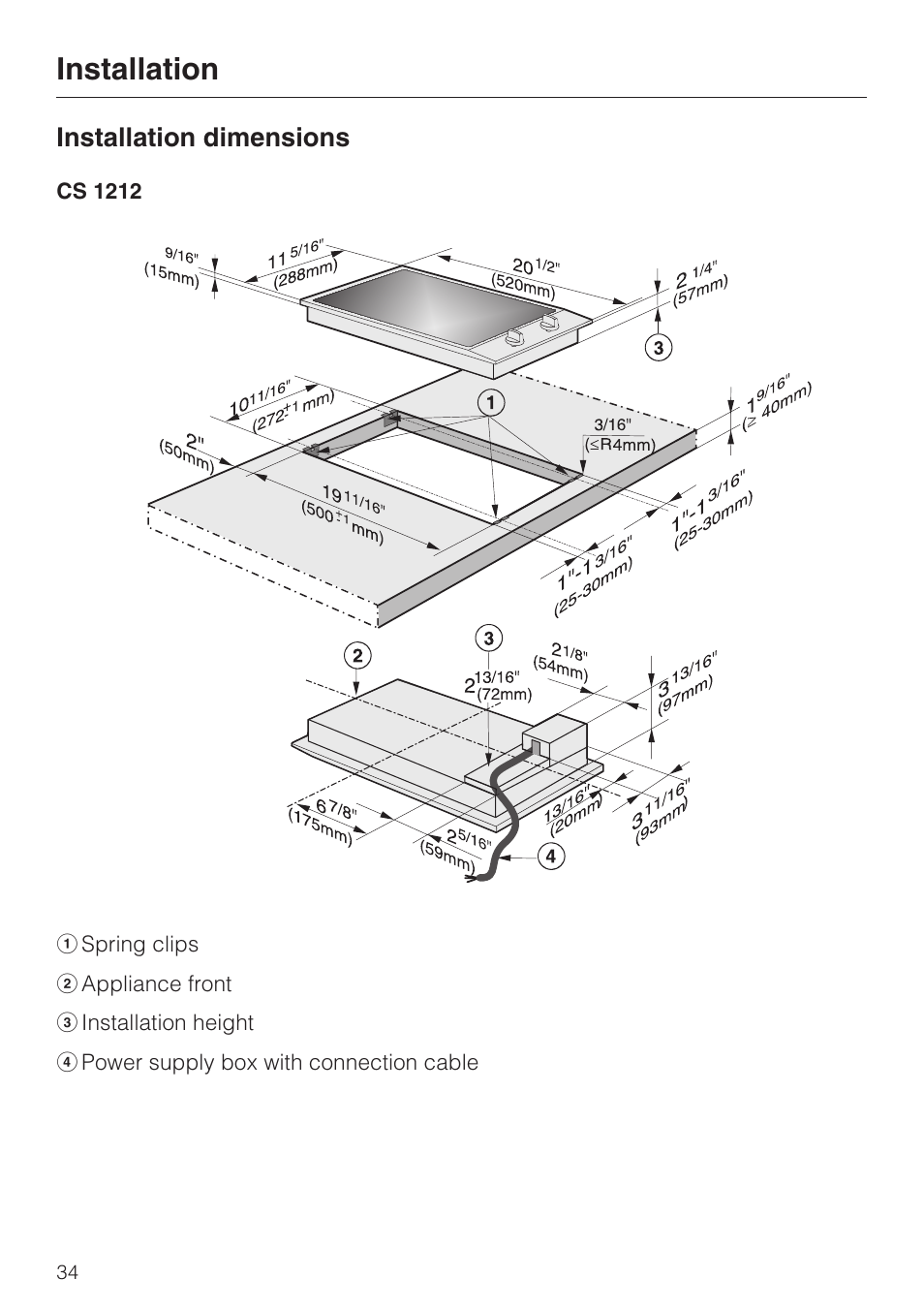 Installation dimensions 34, Cs 1212 34, Installation | Installation dimensions | Miele CS1212 User Manual | Page 34 / 48