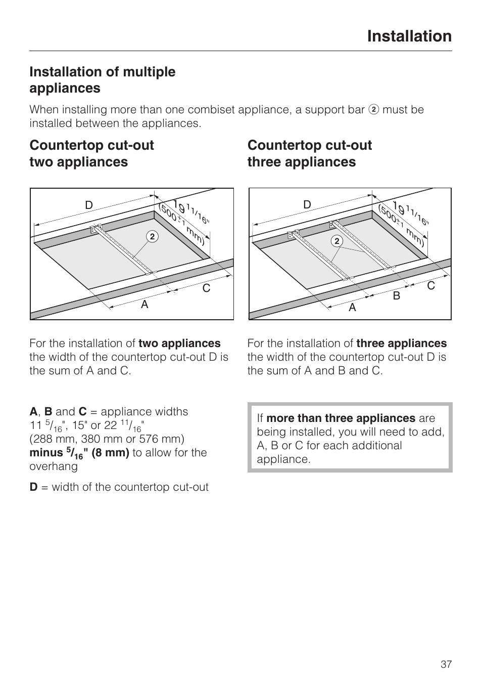 Installation of multiple appliances 37, Installation, Installation of multiple appliances | Countertop cut-out two appliances, Countertop cut-out three appliances | Miele CS1212 User Manual | Page 37 / 48