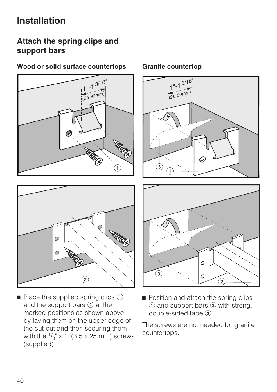 Attach the spring clips and support bars 40, Installation, Attach the spring clips and support bars | Miele CS1212 User Manual | Page 40 / 48