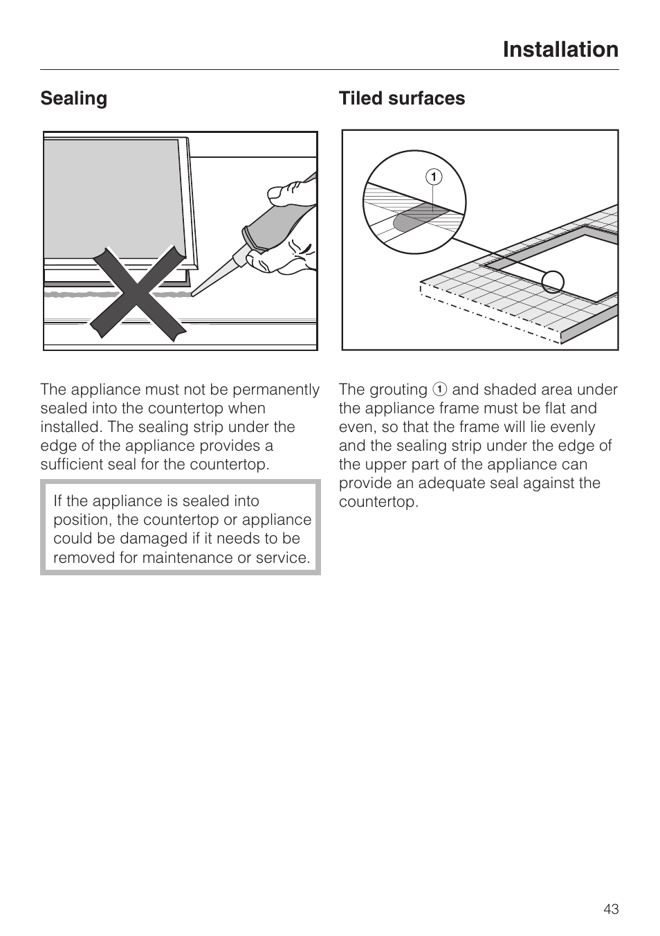 Sealing 43, Tiled surfaces 43, Installation | Miele CS1212 User Manual | Page 43 / 48