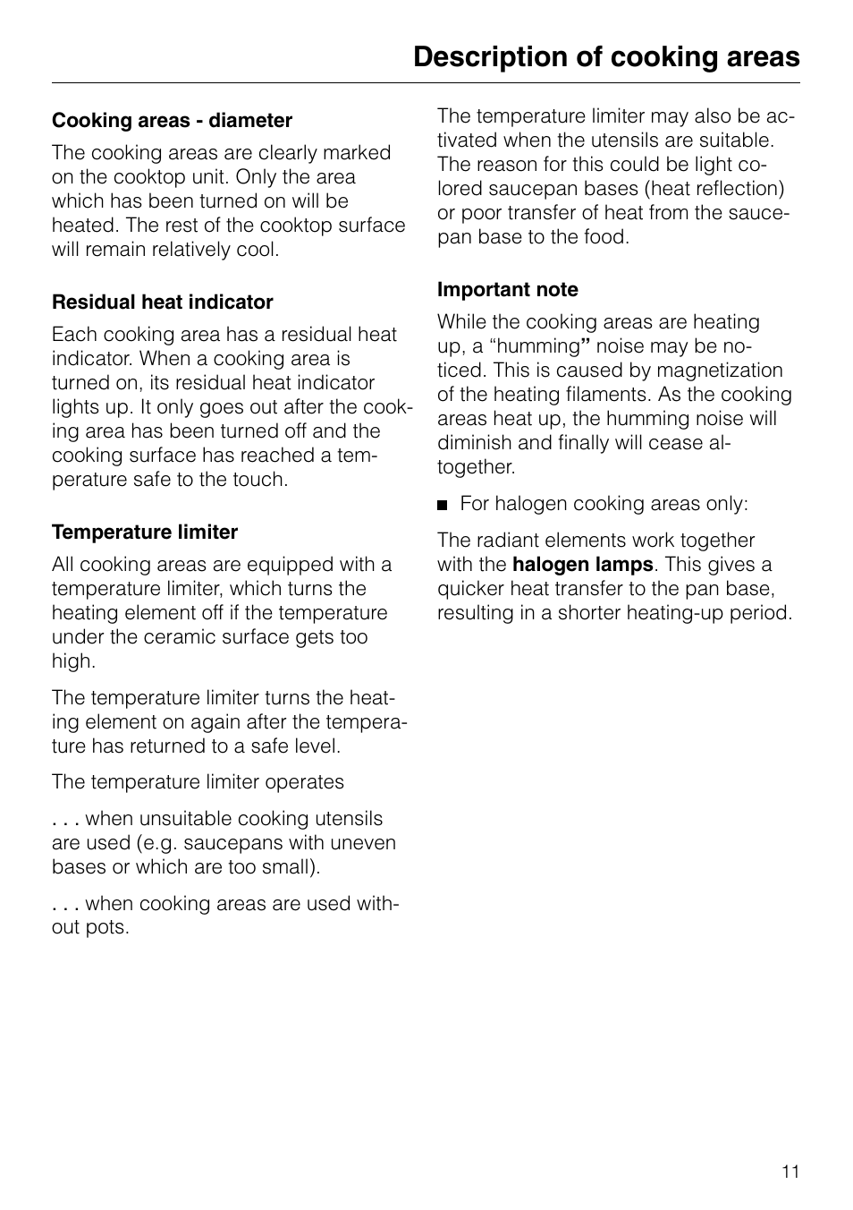 Description of cooking areas | Miele KM84-2 User Manual | Page 11 / 28