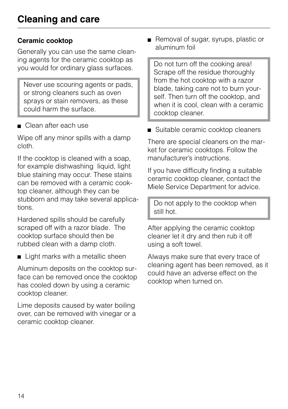 Cleaning and care | Miele KM84-2 User Manual | Page 14 / 28