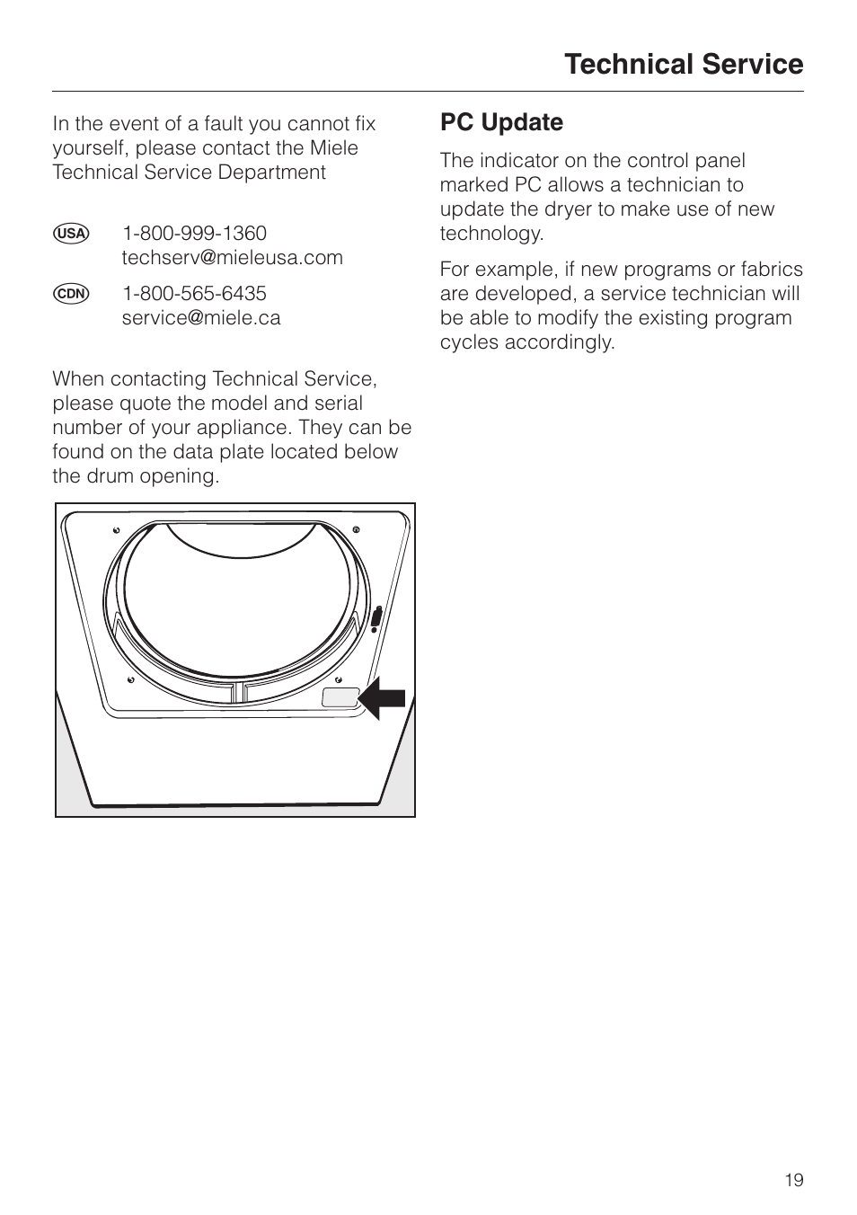 Technical service 19, Technical service, Pc update | Miele TOUCHTRONIC T 1313 User Manual | Page 23 / 40