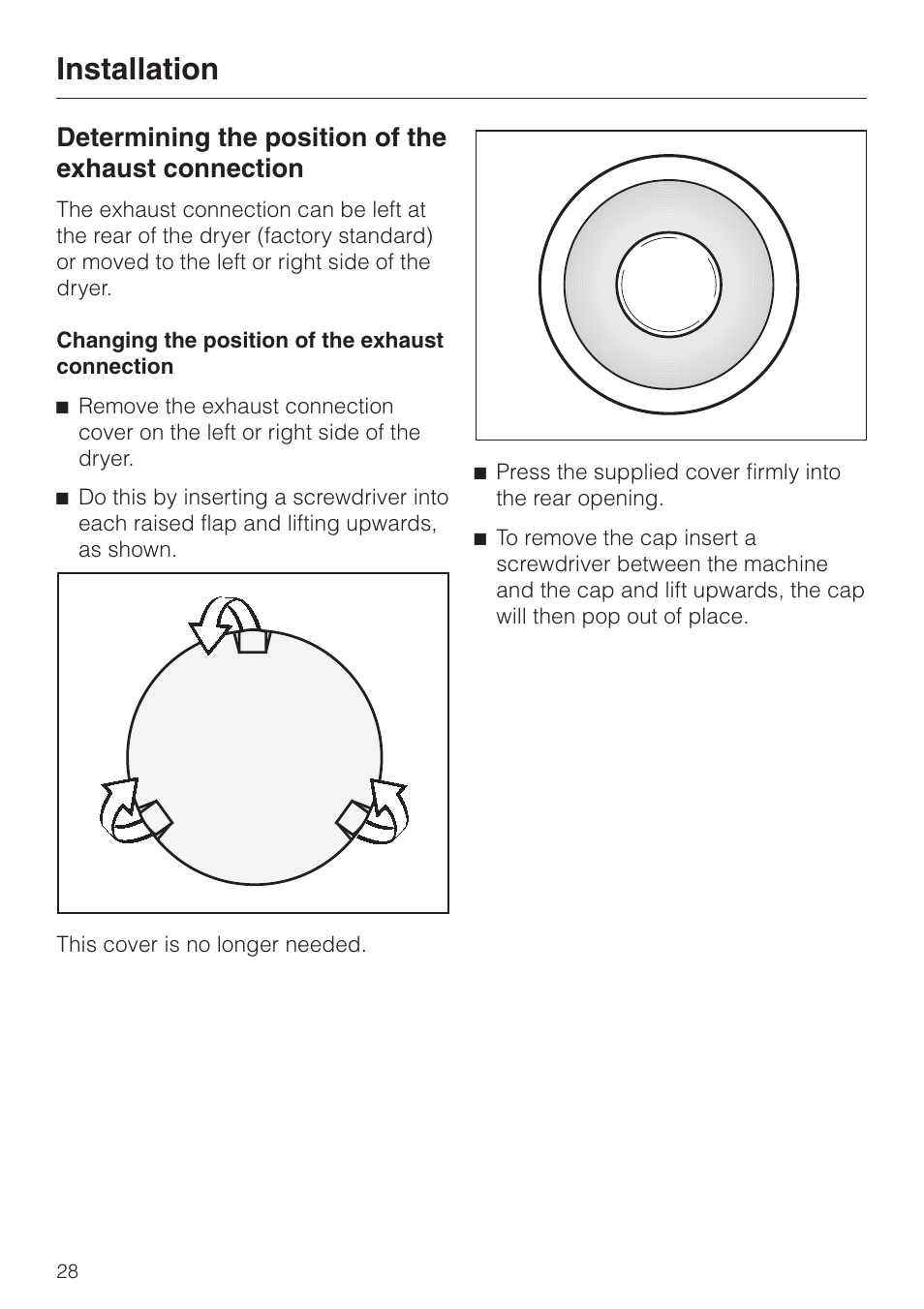 Determining the position of the exhaust connection, Installation | Miele TOUCHTRONIC T 1313 User Manual | Page 32 / 40