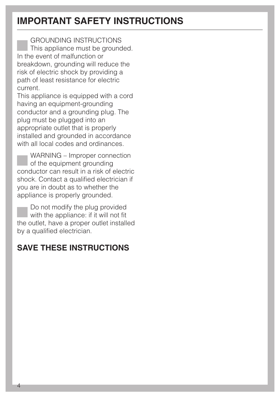 Important safety instructions, Save these instructions | Miele TOUCHTRONIC T 1313 User Manual | Page 4 / 40