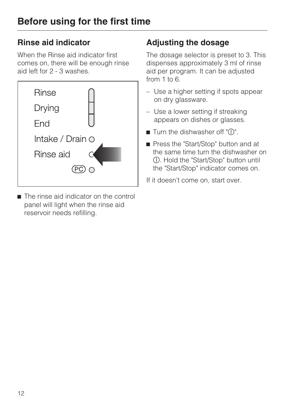 Rinse aid indicator 12, Adjusting the dosage 12, Before using for the first time | Rinse aid indicator, Adjusting the dosage | Miele INSPIRA G 2120 User Manual | Page 12 / 52