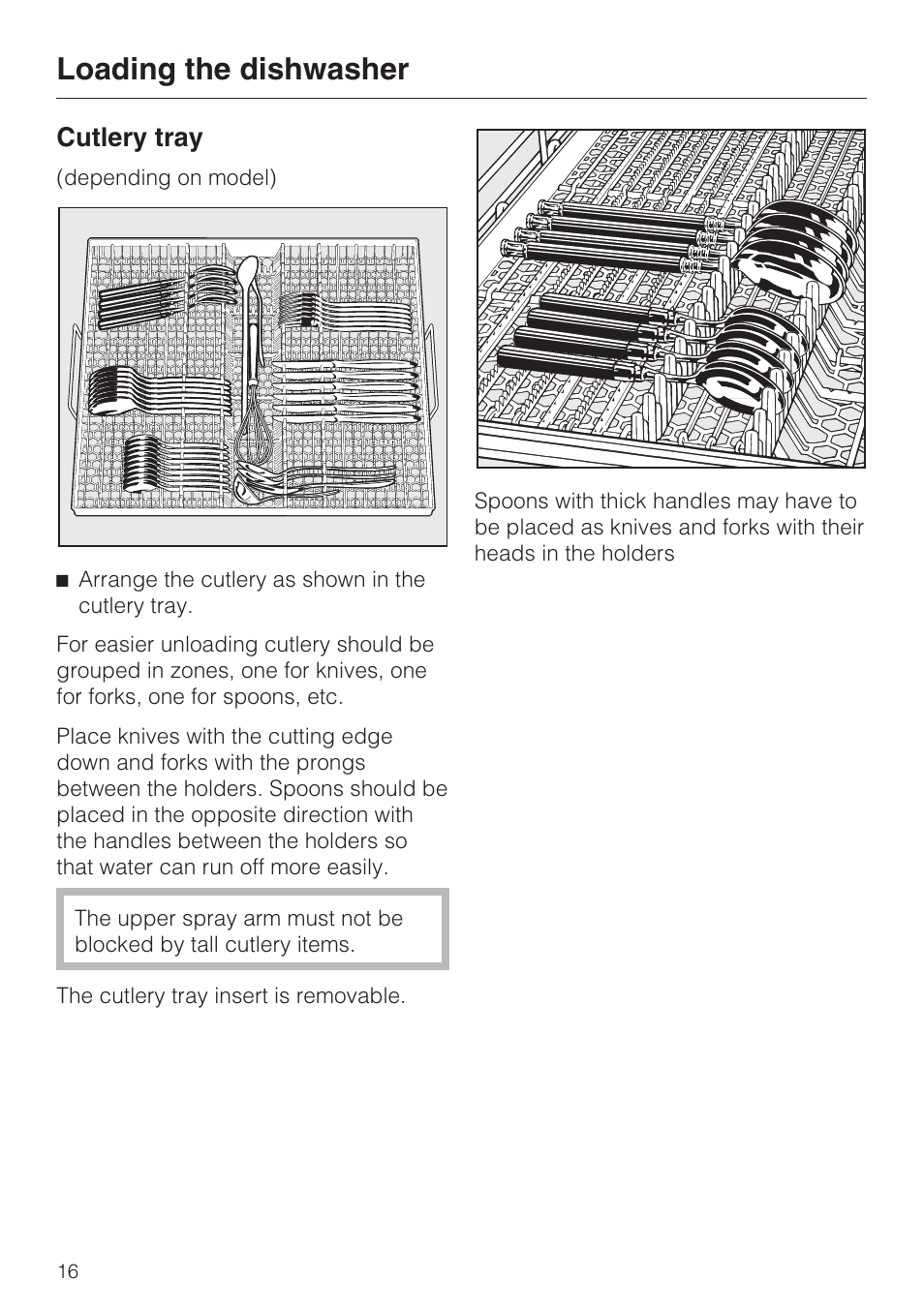 Cutlery tray 16, Loading the dishwasher, Cutlery tray | Miele INSPIRA G 2120 User Manual | Page 16 / 52