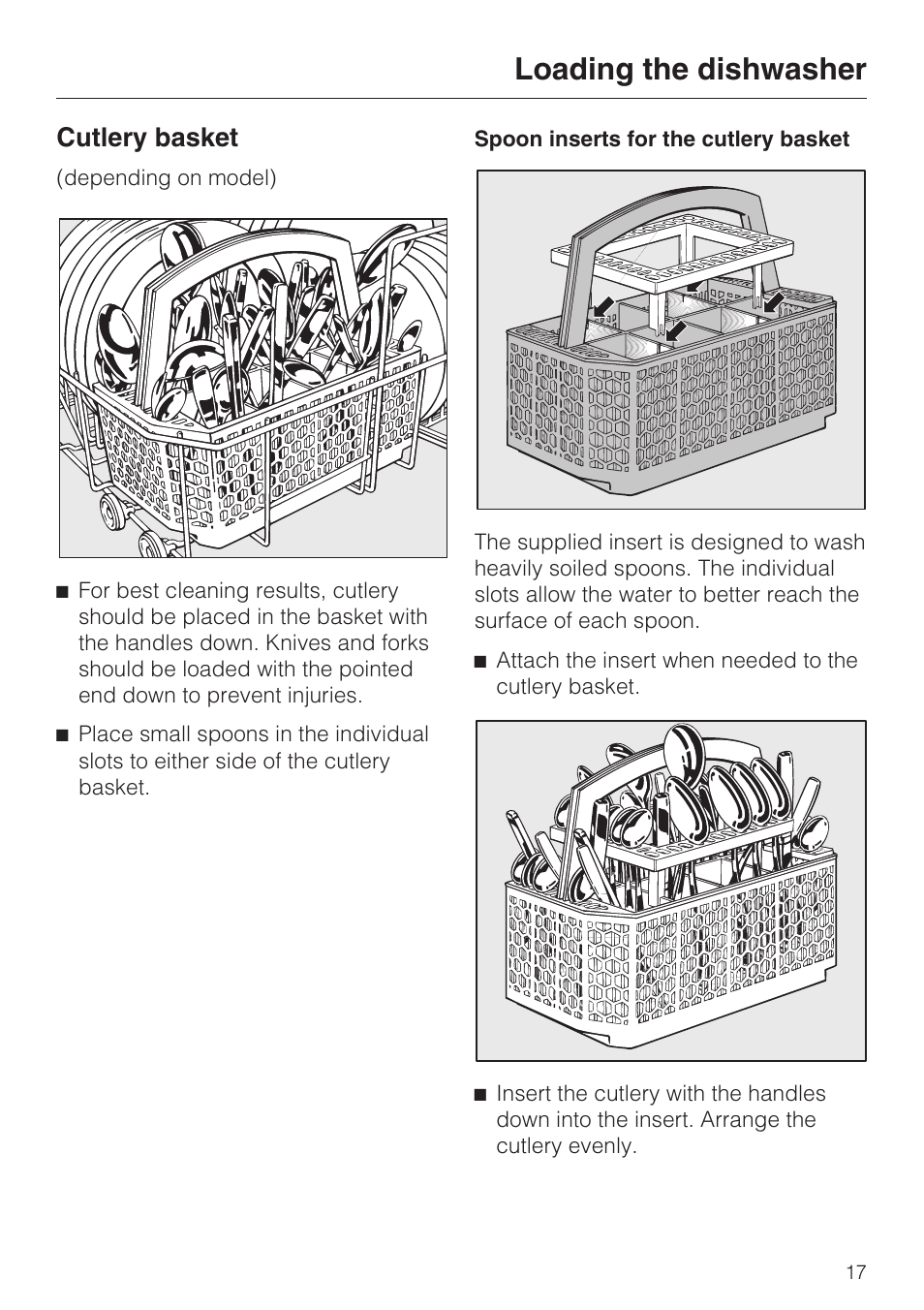 Cutlery basket 17, Loading the dishwasher, Cutlery basket | Miele INSPIRA G 2120 User Manual | Page 17 / 52