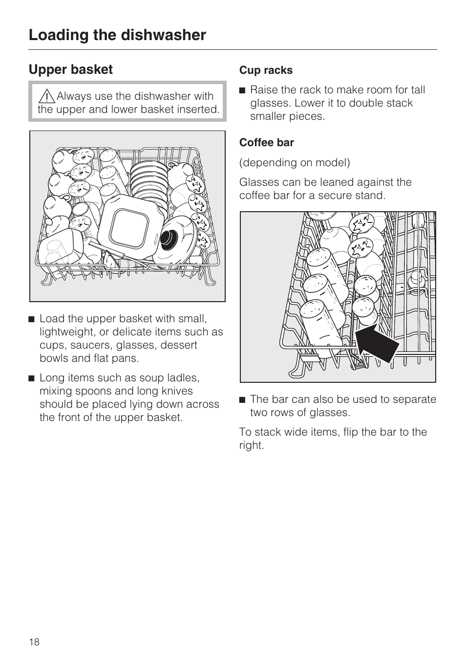 Upper basket 18, Loading the dishwasher, Upper basket | Miele INSPIRA G 2120 User Manual | Page 18 / 52