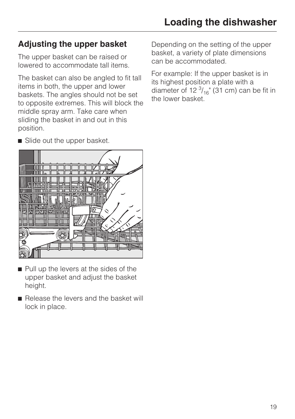 Adjusting the upper basket 19, Loading the dishwasher, Adjusting the upper basket | Miele INSPIRA G 2120 User Manual | Page 19 / 52