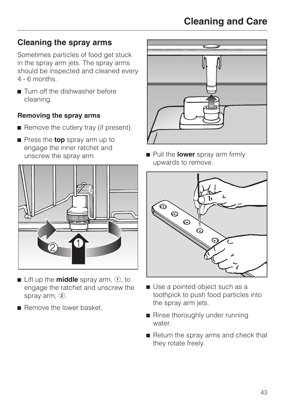 Cleaning the spray arms 43, Cleaning and care, Cleaning the spray arms | Miele INSPIRA G 2120 User Manual | Page 43 / 52