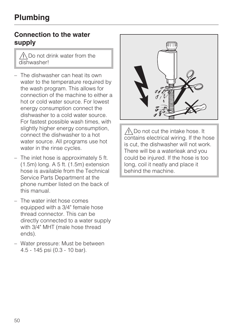 Plumbing 50, Connection to the water supply 50, Plumbing | Miele INSPIRA G 2120 User Manual | Page 50 / 52