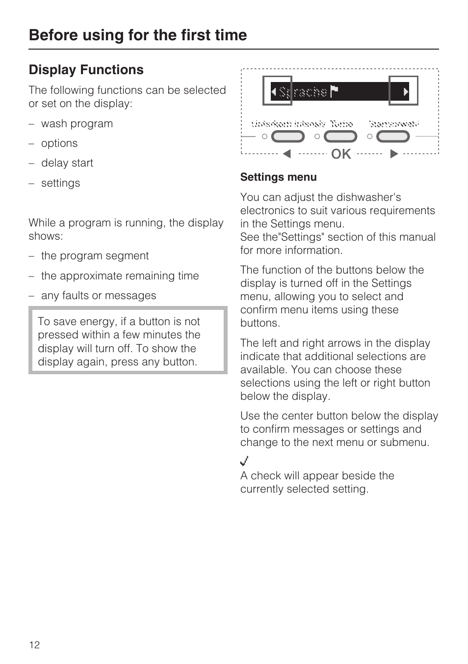 Display functions 12, Before using for the first time, Display functions | Miele G 5810 User Manual | Page 12 / 72