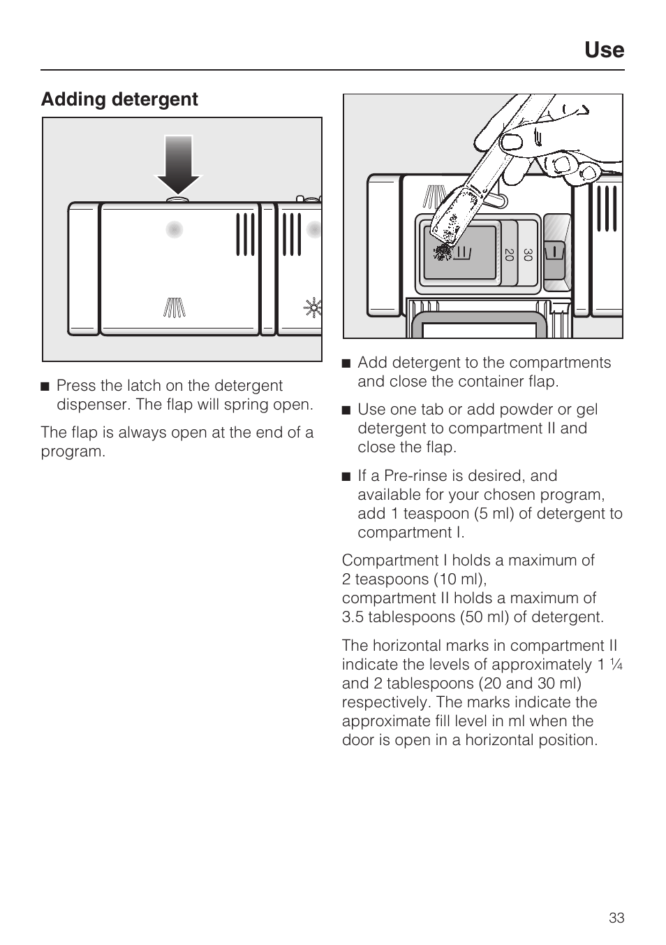 Adding detergent 33, Adding detergent | Miele G 5810 User Manual | Page 33 / 72