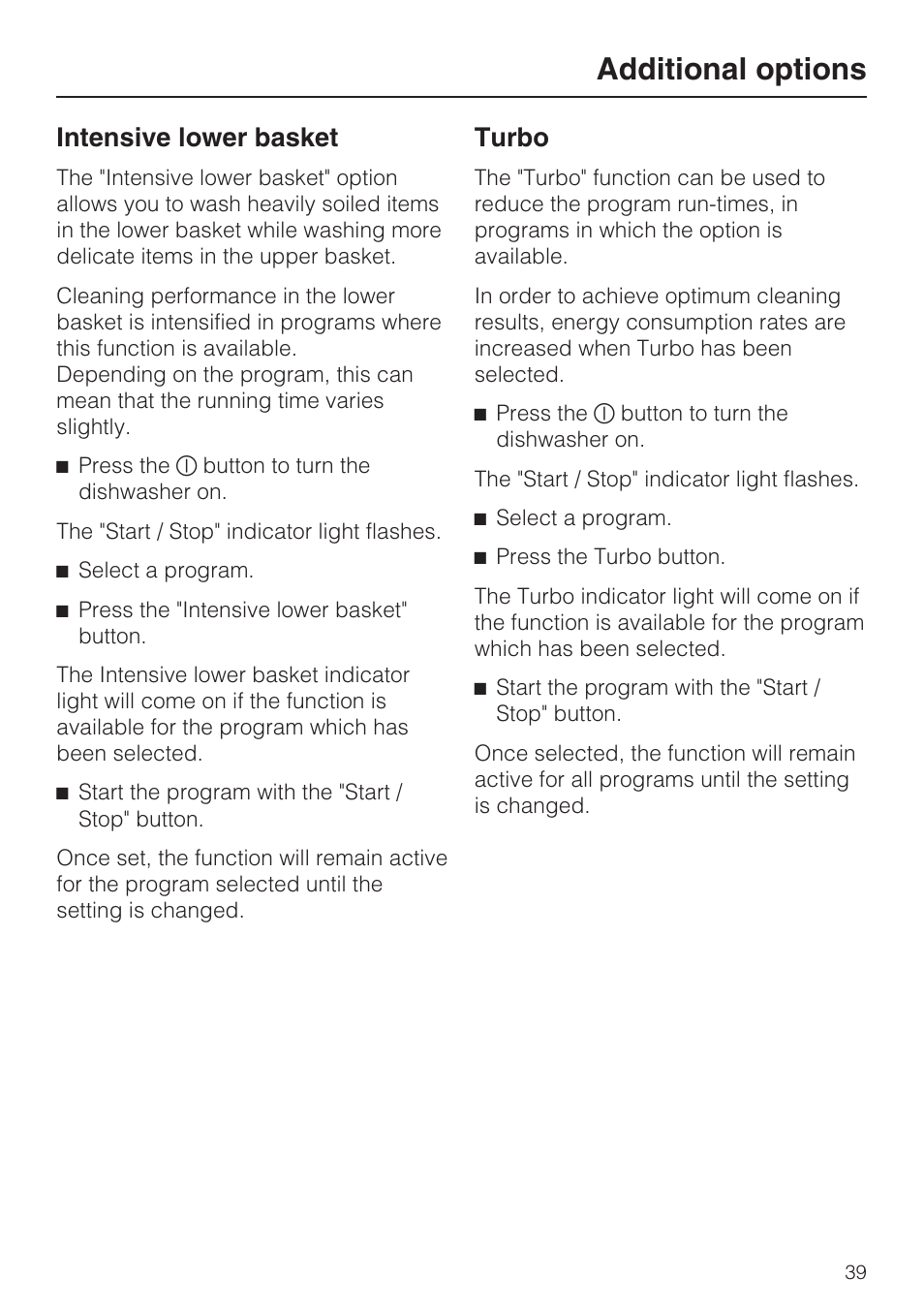 Additional options 39, Intensive lower basket 39, Turbo 39 | Additional options, Intensive lower basket, Turbo | Miele G 5810 User Manual | Page 39 / 72