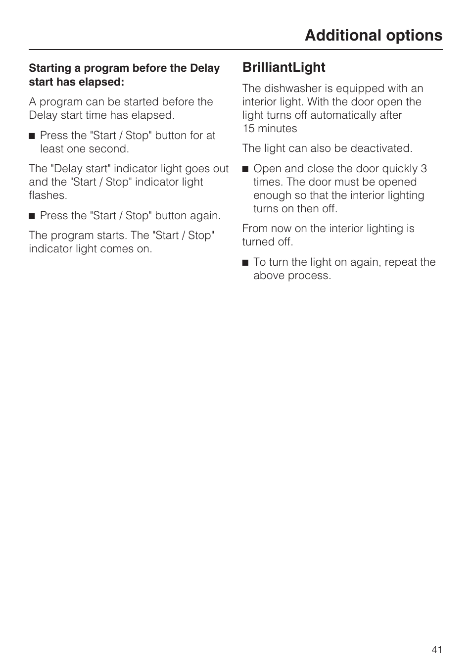 Brilliantlight 41, Additional options, Brilliantlight | Miele G 5810 User Manual | Page 41 / 72