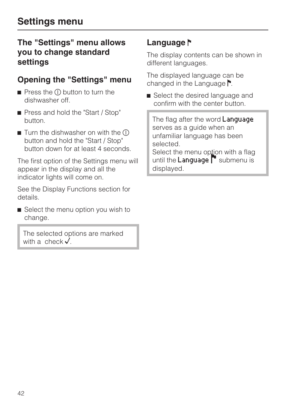 Settings menu 42, Opening the "settings" menu 42, Settings menu | Language | Miele G 5810 User Manual | Page 42 / 72