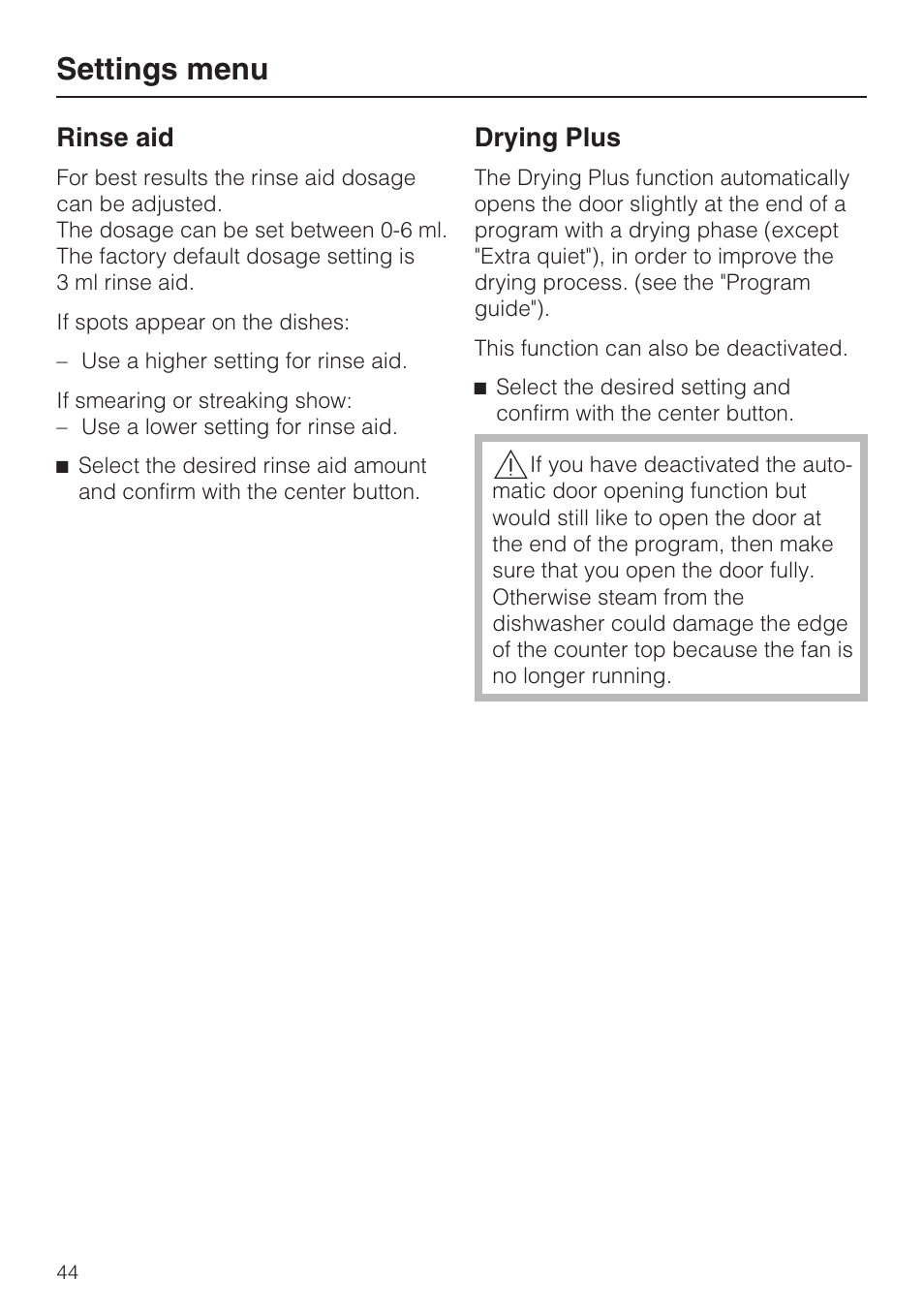 Drying plus 44, Settings menu, Rinse aid | Drying plus | Miele G 5810 User Manual | Page 44 / 72